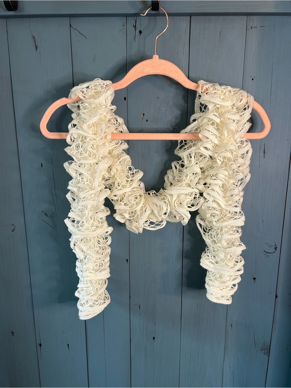 Hand Knit Ivory Cream Ruffled Lace Scarf